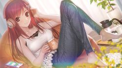  1girl 22/7 22/7_ongaku_no_jikan barefoot blue_pants blurry camisole cellphone closed_mouth coffee_mug coffee_pot collarbone couch cup curtains denim depth_of_field dutch_angle flower flower_pot full_body game_cg hair_flower hair_ornament hand_on_own_ear headphones highres holding holding_cup indoors jeans koyama_hirokazu legs_up long_hair looking_at_viewer mug non-web_source official_art on_couch pants phone plant potted_plant red_eyes red_hair sato_reika sidelocks sitting smartphone solo straight_hair white_camisole white_flower 