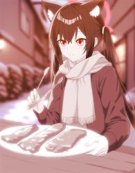  animal_ear_fluff animal_ears barbecue black_hair blue_archive cat_ears cat_girl desk eating food halo highres long_hair long_sleeves meat red_eyes samess_333 scarf serika_(blue_archive) sweater tongs twintails winter winter_clothes 