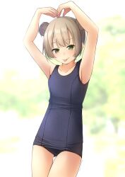  1girl :p armband arms_up bare_arms bare_shoulders blue_one-piece_swimsuit blurry blurry_background brown_hair closed_mouth collarbone commentary_request day depth_of_field double_bun green_eyes hair_bun highres looking_at_viewer old_school_swimsuit one-piece_swimsuit original outdoors school_swimsuit shibacha smile solo swimsuit tongue tongue_out 