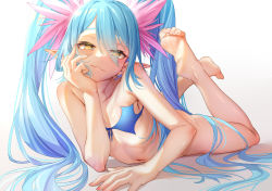1girl ass barefoot bikini blue_bikini blue_hair blush bombergirl feet flat_chest hair_over_one_eye hesoten lewisia_aquablue long_hair looking_at_viewer lying navel on_stomach pointy_ears smile soles solo swimsuit the_pose toes twintails very_long_hair yellow_eyes rating:Sensitive score:45 user:danbooru