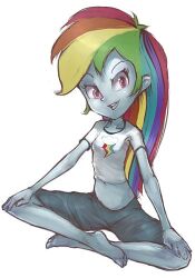  1girl barefoot black_shorts blue_skin breasts cloud_print collarbone colored_skin conoghi hands_on_own_knees hasbro lightning_bolt_print long_hair looking_at_viewer midriff multicolored_hair my_little_pony my_little_pony:_equestria_girls my_little_pony:_friendship_is_magic navel open_mouth pink_eyes print_shirt rainbow_dash rainbow_hair shirt short_sleeves shorts sitting small_breasts smile teeth white_background white_shirt 