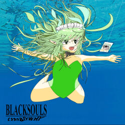 1girl absurdres air_bubble album album_art album_cover album_cover_redraw bare_arms bare_legs black_souls blue_ribbon breasts bubble cleavage collar cover derivative_work fairy fishing_hook fishing_line fishing_rod green_eyes green_hair green_leotard green_wings grin hair_ribbon highres leaf_(black_souls) leotard long_hair maid_headdress nevermind nirvana_(band) open_mouth pointy_ears ribbon small_breasts smile solo submerged swimming underwater very_long_hair water wings