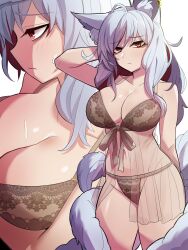  1girl ahoge animal_ear_fluff animal_ears arm_behind_head blush bra breasts cleavage closed_mouth commission earrings embarrassed fox_ears fox_girl fox_tail hair_between_eyes highres jewelry kitsune kyuubi lace lace-trimmed_bra lace_trim large_breasts lingerie long_hair looking_at_viewer multicolored_hair multiple_tails multiple_views navel original panties red_eyes skindentation slit_pupils stomach streaked_hair sung08ko sweat tail thighs two-tone_hair underwear white_background white_hair white_tail 