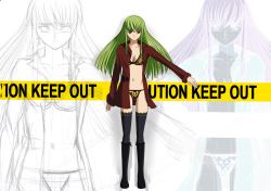 1girl animal_print bikini black_thighhighs c.c. caution_tape code_geass dress_shirt female_focus full_body green_hair highres leopard_print long_hair open_clothes open_shirt partially_colored q2ed shirt solo swimsuit thighhighs white_background yellow_eyes 