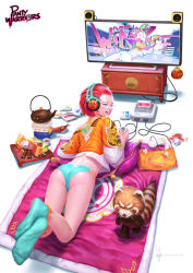  1girl anus ass blue_eyes controller feet_up food from_behind game_cartridge game_console game_controller glasses green_panties green_socks headphones looking_at_another lying no_shoes on_stomach orange_hair original panties panty_warriors pillow pink_lips playing playing_games pocky raccoon red_hair short_hair simple_background smile snack socks solo super_famicom tagme tea teapot television thighs underwear wen_juinn white_background  rating:Questionable score:5 user:Spadowsky