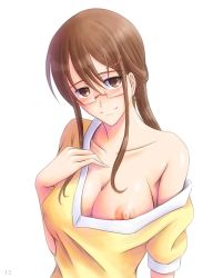 10s 1girl another blush bonnie_(rsg) breasts brown_eyes brown_hair cleavage collarbone glasses hair_ornament hairclip large_breasts long_hair mikami_reiko_(another) nipple_slip nipples no_bra off_shoulder ponytail reiko_(another) smile solo rating:Questionable score:70 user:danbooru
