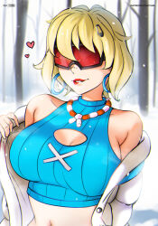  absurdres artist_name biting_own_lip blonde_hair blue_shirt breasts cleavage_cutout clothing_cutout collarbone earrings evie_(fortnite) fortnite goggles hair_ornament heart highres hoop_earrings jacket jewelry large_breasts looking_at_viewer midriff mole mole_on_breast mystyhw navel necklace nipples off_shoulder open_clothes open_jacket outdoors patreon_username red_lips shirt short_hair sleeveless sleeveless_shirt snow snowing teeth upper_body white_jacket 