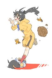  1girl ahoge araragi_karen araragi_koyomi bee beehive black_hair blue_ribbon blush bug character_doll commentary_request fang floating_hair full_body hand_in_pocket hand_up hood hood_down hoodie insect jibakurei_(elite_unchi) kneehighs long_hair long_sleeves looking_at_viewer looking_to_the_side monogatari_(series) neck_ribbon nisemonogatari open_mouth ponytail profile red_socks ribbon shoes shorts simple_background smile socks solo standing standing_on_one_leg stepping w white_background yellow_hoodie yellow_shorts 