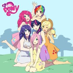  6+girls applejack blonde_hair blue_hair cosplay dress drill_hair fluttershy grass happy k-on! kneeling looking_at_viewer multicolored_hair multiple_girls my_little_pony one_eye_closed open_mouth outdoors parody personification pink_hair pinkie_pie purple_hair rainbow_dash rainbow_hair rarity_(my_little_pony) seiza sitting smile style_parody sundress twilight_sparkle v wink  rating:Sensitive score:65 user:Dizzii