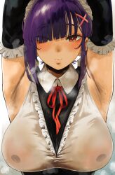  1girl absurdres armpits arms_up hero_neisan highres large_areolae presenting presenting_armpit purple_hair red_eyes see-through see-through_shirt steam steaming_body sweat  rating:Explicit score:40 user:Chikimaro