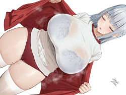  1girl artist_name blue_bra blush bra braid breasts buruma closed_eyes commentary_request grey_hair jacket large_breasts long_hair oekakizuki open_clothes open_jacket original parted_lips red_buruma red_jacket see-through shirt simple_background skindentation solo thick_thighs thighhighs thighs underwear white_background white_shirt white_thighhighs  rating:Questionable score:151 user:danbooru