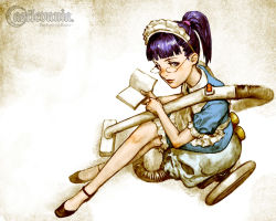  1girl blue_eyes blue_hair book castlevania_(series) castlevania:_dawn_of_sorrow castlevania:_portrait_of_ruin dress from_above glasses grey_eyes high_heels legs crossed_legs lipstick looking_at_viewer looking_up maid maid_headdress makeup matching_hair/eyes matsukeshi official_art open_book persephone persephone_(castlevania) ponytail purple_hair shoes sitting skull solo vacuum_cleaner  rating:Sensitive score:18 user:danbooru