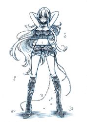  1girl boots chain eugana glasses high_heels long_hair monochrome shorts sketch  rating:Questionable score:3 user:sae6788