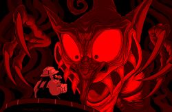  1boy big_nose claws clenched_hand demon demon_head facial_hair fangs gloves helmet highres mickeymonster monster mustache nintendo overalls pith_helmet pointy_ears red_theme shirt virtual_boy_wario_land wario wario_land 