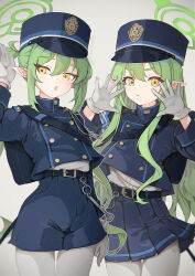  2girls :t averting_eyes belt bespin black_shorts black_skirt blue_archive buttons commentary_request cowboy_shot double-breasted expressionless frown gloves green_hair green_halo halo hat highres hikari_(blue_archive) jpeg_artifacts long_hair long_sleeves looking_at_viewer multiple_girls nozomi_(blue_archive) open_hands pantyhose parted_lips pleated_skirt pointy_ears pout shako_cap shirt shirt_tucked_in short_shorts shorts side-by-side simple_background skirt thick_eyebrows twintails twitter_username whistle white_background white_gloves white_pantyhose white_shirt yellow_eyes 