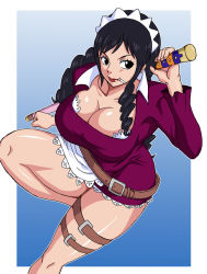  1girl baby_5 black_hair blue_background breasts bursting_breasts cigarette cleavage from_above large_breasts legs lipstick long_hair long_legs maid maid_headdress makeup naruho one_piece smile solo sword thick_thighs thigh_strap thighs weapon  rating:Sensitive score:65 user:jaslau