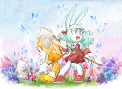  1other 2girls animal_ears anya_the_rabbit blue_butterfly blue_flower blue_fur blue_hair brown_dress brown_eyes brown_footwear brown_fur bug butterfly butterfly_net chao_(sonic) cheese_(sonic) cream_the_rabbit dress finik flower furry furry_female grass hand_net highres holding holding_butterfly_net insect long_hair mary_janes multiple_girls open_mouth orange_dress orange_footwear original painting_(medium) pantyhose pink_eyes pink_flower purple_flower rabbit_ears rabbit_girl ringlets shoes sleeveless sleeveless_dress sonic_(series) standing teeth traditional_media upper_teeth_only watercolor_(medium) white_pantyhose 