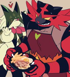 apron black_fur blush claws colored_sclera creatures_(company) egg_(food) food french_fries furry game_freak gen_7_pokemon green_eyes green_fur holding incineroar looking_down mask meowscarada nintendo pokemon pokemon_(creature) rani_grb red_fur smile sweat tongue tongue_out yellow_sclera