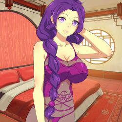  1girl babydoll bed bedroom bodystocking braid braided_ponytail breasts challengia cleavage collarbone covered_navel female_focus hair_ornament hand_on_own_head indoors joychan large_breasts long_hair looking_at_viewer navel nchans nchans_style official_art orcaleon panties pillow ponytail purple_babydoll purple_eyes purple_hair purple_panties see-through skindentation smile solo underwear 