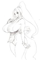  1girl bonten breasts curvy covered_erect_nipples fatal_fury female_focus gigantic_breasts highres japanese_clothes the_king_of_fighters long_hair looking_at_viewer monochrome ponytail shiranui_mai sideboob simple_background sketch solo thong traditional_media  rating:Sensitive score:27 user:fakyuh