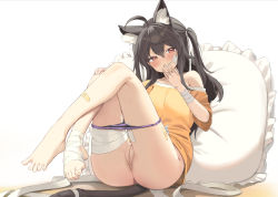 1girl ahoge animal_ear_fluff animal_ears anus bandaged_arm bandaged_foot bandaged_leg bandages bandaid bandaid_on_face bandaid_on_leg barefoot black_hair blush cleft_of_venus commission covering_own_mouth crossed_ankles full_body grin hair_between_eyes has_bad_revision has_censored_revision highres knees_up long_hair looking_at_viewer off_shoulder original panties panty_pull purple_panties pussy shirt sitting smile solo twin_(tt_lsh) two_side_up uncensored underwear yellow_shirt rating:Explicit score:76 user:danbooru