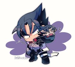  2boys black_hair black_jacket black_pants chibi chibi_only devil_jin fang forehead_jewel full_body grey_horns horns jacket kazama_jin kotorai male_focus mini_person miniboy multiple_boys no_nose open_mouth pants signature size_difference standing studded_gloves tekken thick_eyebrows v-shaped_eyebrows white_background 