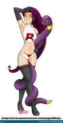  1girl absurdres cleavage_cutout clothing_cutout creatures_(company) game_freak highres jessie_(pokemon) nintendo pokemon red_hair smirk team_rocket thighhighs  rating:Questionable score:13 user:tripleexporn