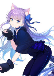  1girl animal_ears bell blue_eyes blue_pants blue_ribbon blue_shirt blush breasts cat_ears choker coffeekite fate/extra fate/grand_order fate_(series) hair_ribbon highres jingle_bell long_hair looking_at_viewer meltryllis_(fate) open_mouth pants prosthesis prosthetic_leg purple_hair ribbon shirt short_sleeves small_breasts solo 
