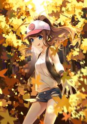  10s 1girl :p absurdres autumn autumn_leaves bad_id bad_pixiv_id baseball_cap blue_eyes brown_hair creatures_(company) denim denim_shorts forest game_freak hat high_ponytail highres hilda_(pokemon) leaf long_hair looking_at_viewer nature nintendo pokemon pokemon_bw shirt shorts sleeveless sleeveless_shirt solo tongue tongue_out transistor vest white_shirt wristband  rating:Sensitive score:27 user:danbooru