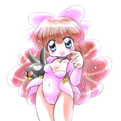 1girl artist_request between_legs bow breasts brown_hair collar dated detached_sleeves earrings hair_bow hibiki_ryouga highleg highleg_leotard highres jewelry leotard long_hair looking_at_viewer medium_breasts open_mouth p-chan piglet pink_leotard ranma_1/2 restrained shiratori_azusa smile sparkle struggling sweat trapped white_background wide_hips