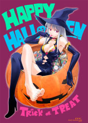 1girl barefoot boots breasts candy cleavage collar dress elbow_gloves english_text feet female_focus food full_body gloves gradient_background halloween hat large_breasts lollipop long_hair mole nail_polish navel original pink_eyes pumpkin shirotsumekusa sitting solo thigh_boots thighhighs tongue white_hair witch witch_hat rating:Sensitive score:21 user:BlueBaroness