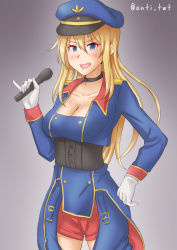  1girl anti_(untea9) bismarck_(kancolle) black_background black_choker blonde_hair blue_eyes breasts choker cleavage collarbone cosplay cowboy_shot endou_aya gloves gradient_background hair_between_eyes highres holding holding_microphone kantai_collection large_breasts long_hair long_sleeves looking_at_viewer macross macross_frontier microphone open_mouth pinky_out red_shorts sheryl_nome sheryl_nome_(cosplay) short_shorts shorts smile solo standing twitter_username voice_actor_connection white_gloves 