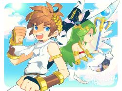  1girl 3boys ahoge angel angel_wings armlet black_hair blue_eyes blue_sky bone_(stare) border brown_hair chain clenched_hands commentary_request dark_pit diadem feathers gold_chain green_hair holding holding_staff kid_icarus kid_icarus_uprising laurel_crown looking_at_viewer magnus_(kid_icarus) multiple_boys nintendo open_mouth outside_border palutena pit_(kid_icarus) scarf sky smile staff sun vambraces white_border wings 