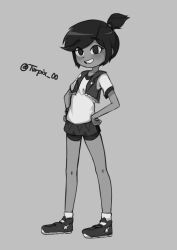  artist_name brown_hair dark-skinned_female dark_skin full_body grey_background highres looking_at_viewer molly_mcgee monochrome ponytail shirt shoes short_hair short_ponytail smile the_ghost_and_molly_mcgee turtlepixel vest white_shirt 