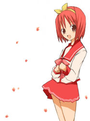 1girl :d bow bowtie cherry_blossoms hair_bow kamigishi_akari long_sleeves maro_nie open_mouth own_hands_together petals pink_bow pleated_skirt red_bow red_bowtie red_eyes red_hair red_skirt sailor_collar school_uniform serafuku shirt short_hair skirt smile solo standing to_heart to_heart_(series) white_shirt yellow_bow rating:Sensitive score:1 user:danbooru