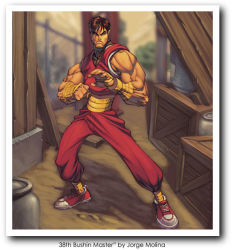  alley brown_hair capcom dark_skin fighting_stance final_fight guy_(final_fight) jorge_molina metro_city muscular ninja_outfit trash_can  rating:Sensitive score:7 user:spiderzombiex
