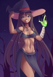  1girl abs amputee bandages bare_shoulders breasts breasts_apart cleavage collarbone commentary cowboy_shot dark-skinned_female dark_skin english_commentary grin groin halloween hand_on_headwear hat highres jewelry katawa_shoujo long_hair looking_at_viewer medium_breasts midriff miura_miki moon navel necklace night purple_eyes purple_hair reqqles sarong smile solo standing star_(symbol) stomach thighs very_long_hair witch witch_hat 