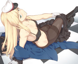 1girl aqua_eyes black_bra black_pantyhose black_skirt blonde_hair blue_eyes blue_jacket blush boots bra breasts breasts_apart checkered_floor cross-laced_footwear fate/grand_order fate_(series) frilled_sleeves frills from_side gloves hat head_tilt jacket lace-up_boots legs_together long_hair long_sleeves looking_at_viewer lord_el-melloi_ii_case_files navel pantyhose reines_el-melloi_archisorte removing_jacket shiseki_hirame sitting skirt small_breasts smirk solo stomach tilted_headwear underwear undressing white_gloves rating:Sensitive score:150 user:danbooru