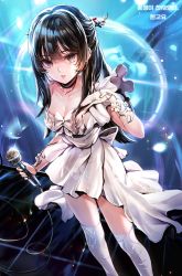  1girl black_hair borrowed_character breasts brown_eyes character_request choker collarbone copyright_request dress earrings highres holding holding_microphone jewelry long_hair looking_at_viewer medium_breasts microphone off-shoulder_dress off_shoulder parted_lips short_sleeves solo thighhighs white_dress white_legwear zerocat zettai_ryouiki 
