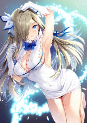  1girl arm_up armpits backlighting bare_legs bare_shoulders barefoot blue_bow blue_bowtie blue_eyes blue_ribbon blush bow bowtie breasts brown_hair cleavage cleavage_cutout closed_mouth clothing_cutout commentary_request cosplay dress dungeon_ni_deai_wo_motomeru_no_wa_machigatteiru_darou_ka dutch_angle elbow_gloves gloves glowing hair_over_one_eye hair_ribbon hestia_(danmachi) hestia_(danmachi)_(cosplay) highres large_breasts looking_at_viewer rei_no_himo ribbon shirt short_dress shuragyoku_mami skindentation sleeveless sleeveless_shirt solo tales_of_(series) tales_of_the_abyss tear_grants twitter_username white_gloves white_ribbon  rating:Sensitive score:40 user:danbooru