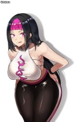 1girl absurdres bare_shoulders black_hair blunt_bangs blush breasts collarbone han_juri hand_on_own_hip highres johwa_(1n33dyour1ov3) large_breasts licking_lips long_hair looking_at_viewer pants pink_eyes pink_hair sleeveless solo street_fighter street_fighter_v thick_thighs thigh_gap thighs tongue tongue_out white_background wide_hips yoga_pants rating:Sensitive score:71 user:JustHere4Butts
