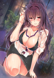 1girl bikini bikini_top_only black_bikini blouse blush breasts cleavage collared_shirt fate/grand_order fate_(series) hair_between_eyes highres id_card kawai_(purplrpouni) large_breasts long_hair looking_at_viewer office_lady open_clothes open_shirt pencil_skirt purple_hair red_eyes scathach_(fate) scathach_skadi_(fate) shirt skirt sleeves_rolled_up solo swimsuit thighs uniform white_shirt rating:Questionable score:35 user:danbooru