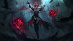  1girl animal ball bare_tree bird black_dress black_gloves black_lips black_pantyhose blonde_hair blue_dress branch commentary coven_syndra crow dress english_commentary extra_eyes eyeshadow feathers floating floating_hair forest from_below gem gloves glowing glowing_eyes halo highres league_of_legends lipstick long_hair looking_at_viewer magic makeup mud multicolored_clothes multicolored_dress nature official_alternate_costume official_alternate_hairstyle official_art outdoors pantyhose red_eyes red_halo revision solo syndra tree water white_dress white_gloves  rating:Sensitive score:4 user:danbooru