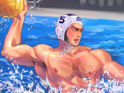 1boy alternate_costume arm_up armpit_hair armpits ball bara beard black_hair buzz_cut chest_hair facial_hair goatee_stubble golden_kamuy large_pectorals long_sideburns looking_ahead male_focus mature_male muscular muscular_male nopinzo nude pectorals pool short_hair sideburns solo stubble swimming tanigaki_genjirou thick_eyebrows upper_body very_short_hair volleyball volleyball_(object) water water_volleyball