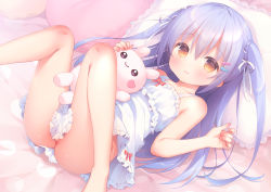 1girl bare_arms bare_shoulders bed_sheet blue_hair blush bow braid brown_eyes closed_mouth collarbone commentary_request dress feet_out_of_frame frilled_dress frills hair_ornament hair_ribbon hairclip hands_up heart highres knees_up loli long_hair lying no_panties on_back original out-of-frame_censoring pillow red_bow ribbon sleeveless sleeveless_dress smile solo stuffed_animal stuffed_rabbit stuffed_toy two_side_up usashiro_mani very_long_hair white_dress white_ribbon rating:Questionable score:102 user:danbooru
