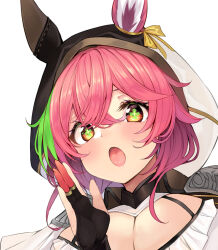 1girl :o black_gloves blush breasts cleavage close-up commentary_request cross-shaped_pupils crossed_bangs dreamlight2000 ears_through_hood flower_knight_girl gloves green_hair hood kangaroo_ears kangaroo_girl kangaroo_paws_(flower_knight_girl) large_breasts medium_breasts multicolored_hair orange_eyes partially_fingerless_gloves pink_hair simple_background solo streaked_hair symbol-shaped_pupils upper_body white_background