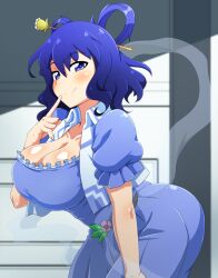  1girl blue_dress blue_eyes blue_hair blush breasts cleavage closed_mouth commentary_request curvy dress flower hair_ornament hair_ribbon hair_stick highres huge_breasts index_finger_raised kaku_seiga kani_club leaning_forward looking_at_viewer pink_flower ribbon shawl short_hair short_sleeves smile solo touhou variant_set vest white_vest 