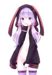  1girl animal_hood blush commentary_request covering_privates covering_crotch cowboy_shot embarrassed flat_chest groin hair_ornament hood hoodie light_purple_hair long_sleeves looking_at_viewer naked_hoodie navel open_mouth purple_eyes purple_thighhighs rabbit_hood ririnya00 short_hair_with_long_locks sidelocks simple_background solo standing thighhighs transparent_background vocaloid voiceroid wavy_mouth white_background yuzuki_yukari 