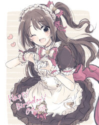  1girl ;d apron back_bow baran._(ba_ra_ran) black_dress blush border bow bowtie brown_background brown_eyes brown_hair commentary_request cowboy_shot dated dress english_text frilled_apron frilled_dress frills hair_bow happy_birthday heart heart_hands highres idolmaster idolmaster_cinderella_girls idolmaster_cinderella_girls_starlight_stage looking_at_viewer maid maid_headdress one_eye_closed one_side_up open_mouth outside_border red_bow red_bowtie shimamura_uzuki smile teeth upper_teeth_only white_apron white_border white_bow white_bowtie 