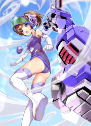  1girl aoki_ryuusei_spt_layzner blue_eyes boots brown_hair clenched_hands clip_studio_paint_(medium) comicstudio elbow_gloves flying from_below gloves kashi layzner looking_down mecha_musume nanachi_maachi official_art photoshop_(medium) school_swimsuit sun_musume:_girl&#039;s_battle_bootlog sunrise_(company) swimsuit thigh_boots thighhighs 